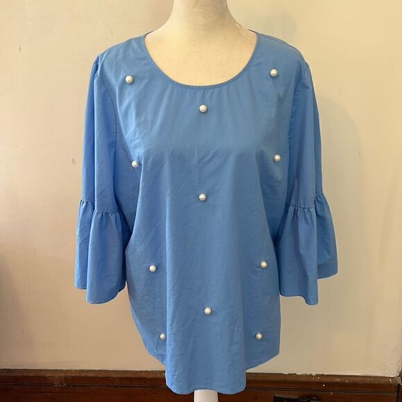 a.n.a Tops - A.N.A blue blouse with faux pearl detail and statement sleeves Size XL